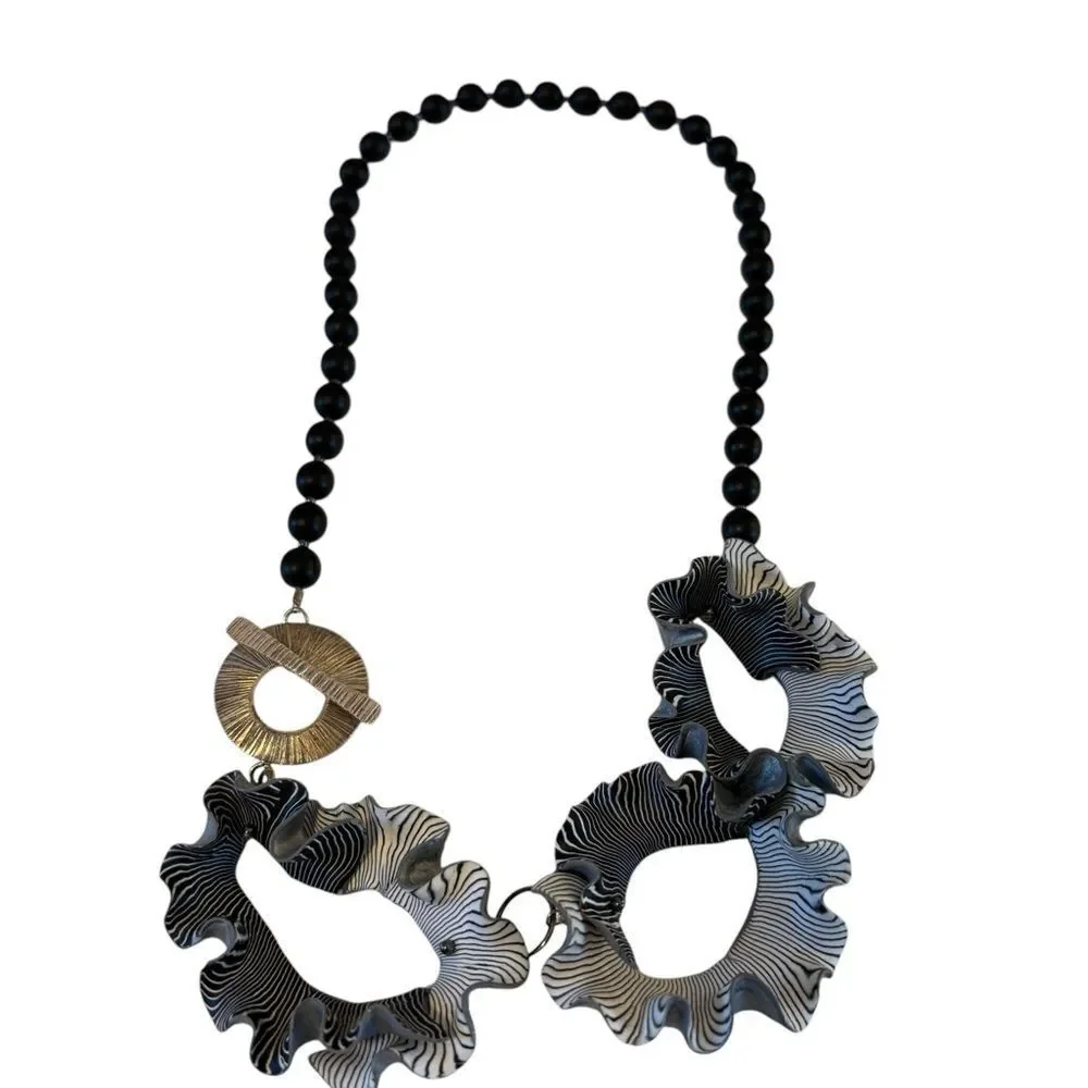 One Of A Kind Black & White Polymer Clay & SS Statement Necklace.